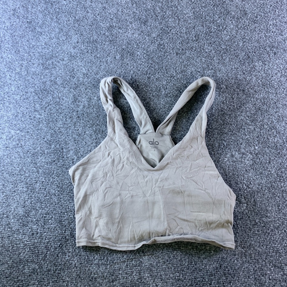 Alo Yoga Cropped Top Womens Small Gray Good Athletic Fit Racerback V-Neck Logo
